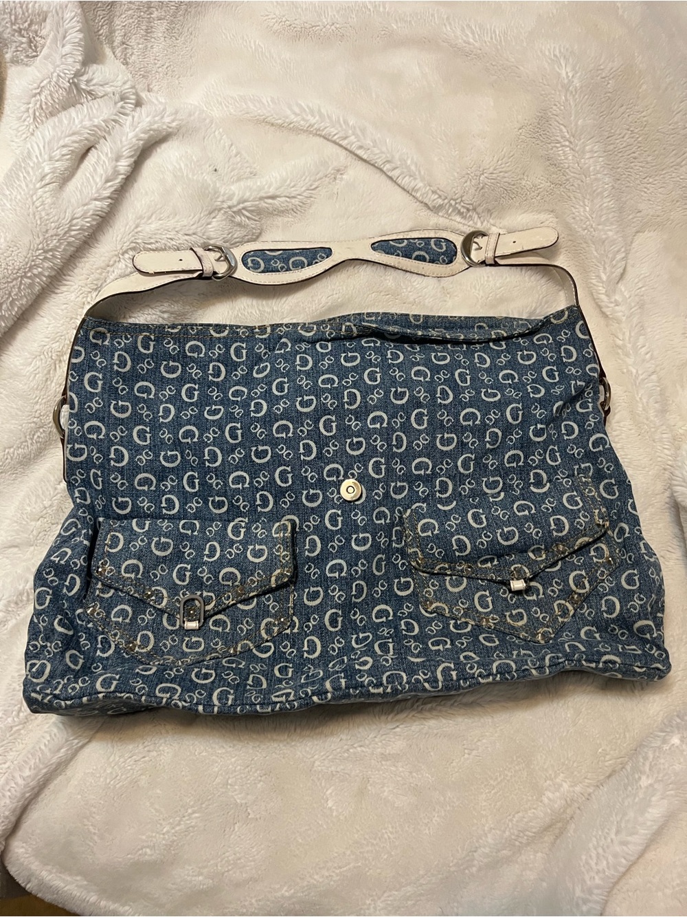 Guess Denim Logo Shoulder Bag in Blue and White